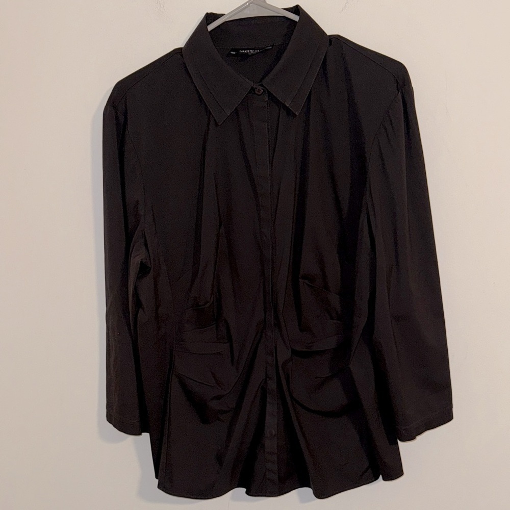 Lafayette 148 New York black ruched gathered waist 3/4 sleeve button down blouse - Picture 2 of 6